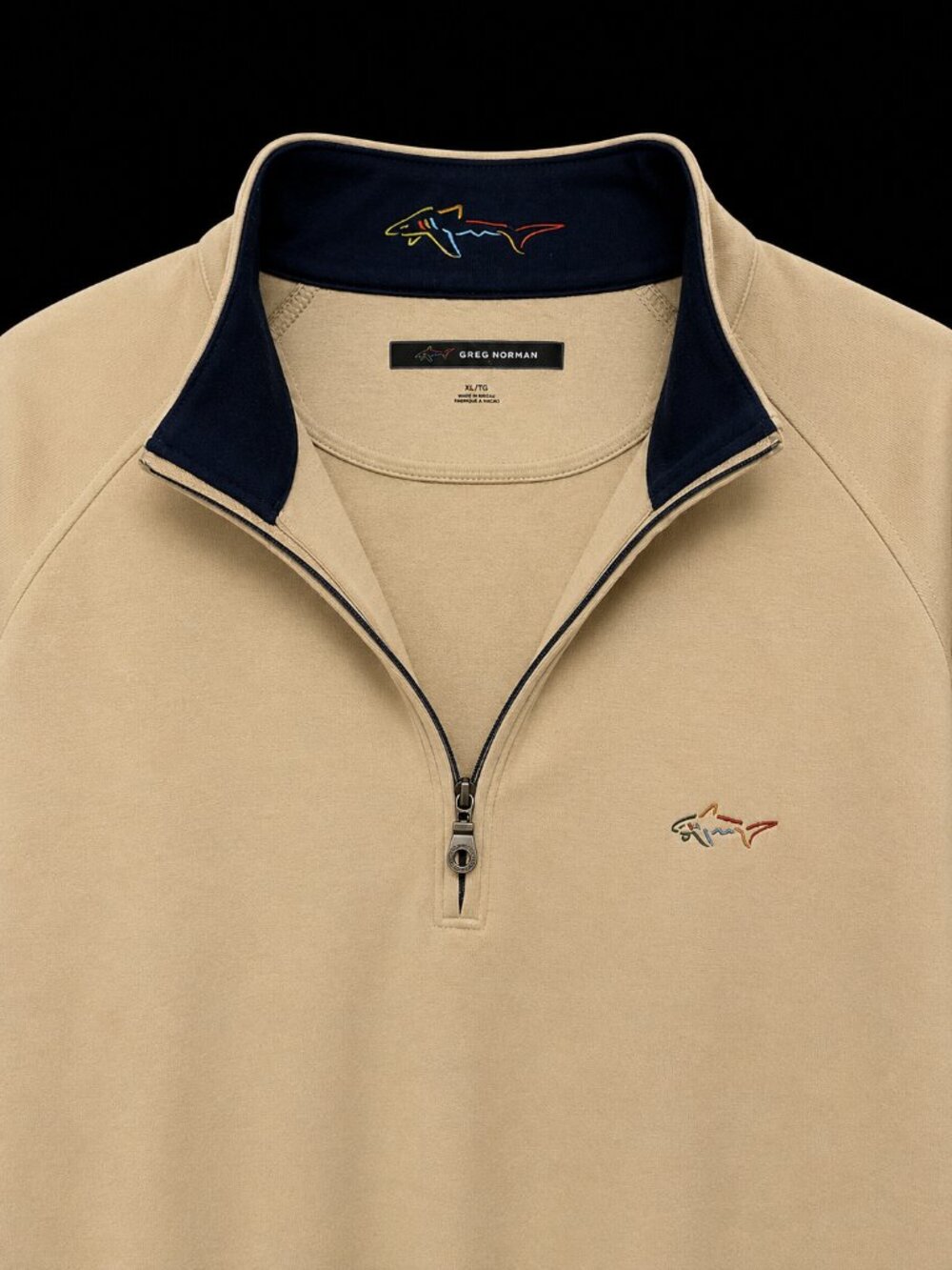 Greg Norman Collection Men's XL Beige 1/4 Zip Pullover Golf Sweater Shark Logo P